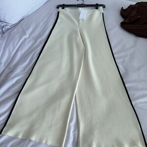 Mango Wide-Leg Cream Pants with Black Trim